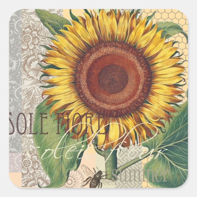 Sunflower Vintage Damask Flower Art Square Sticker (Front)