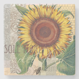Sunflower Vintage Damask Flower Art Stone Coaster