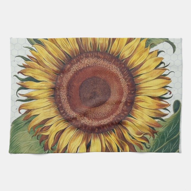 Sunflower Vintage Damask Flower Art Tea Towel (Horizontal)