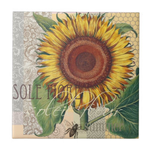 Sunflower Vintage Damask Flower Art Tile