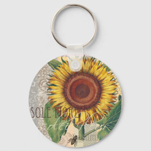 Sunflower Vintage Damask Flower Pattern Art Key Ring
