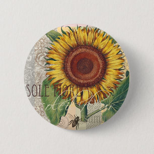 Sunflower Vintage Damask Wallpaper Collage 6 Cm Round Badge