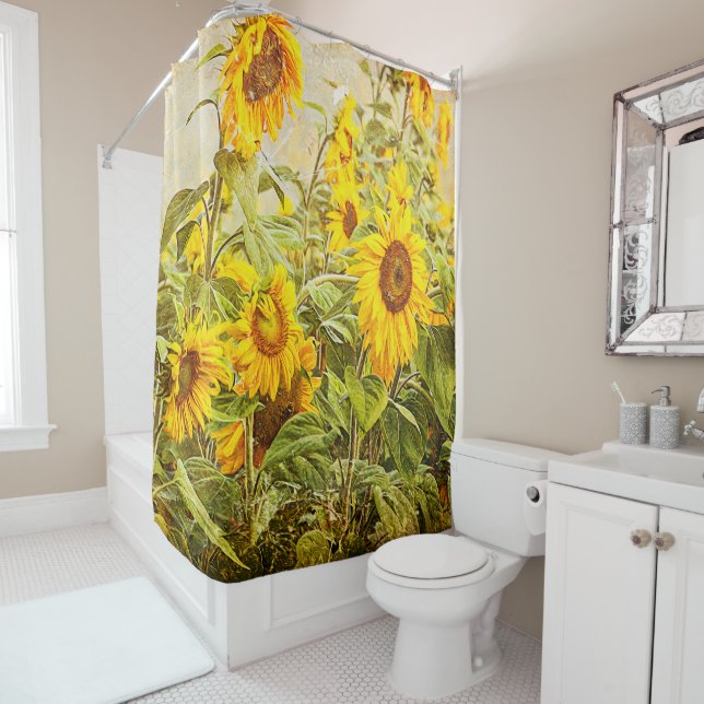 Sunflower Vintage Yellow Green Summer Country Shower Curtain (In Situ)