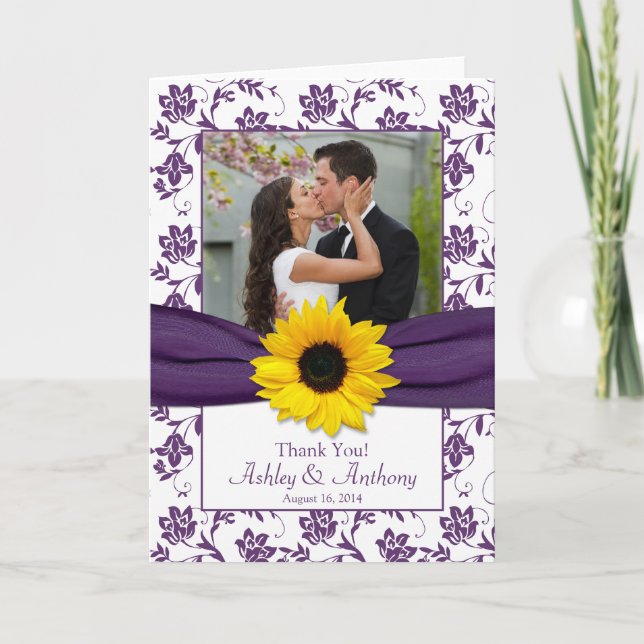 Sunflower Violet Damask Wedding Thank You Card (Front)