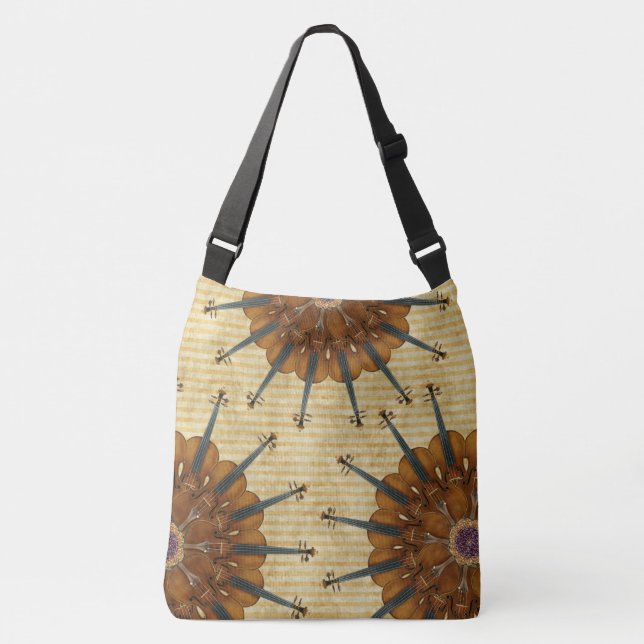 Sunflower Violins Kaleidoscope on Golden Stripes Crossbody Bag (Front)