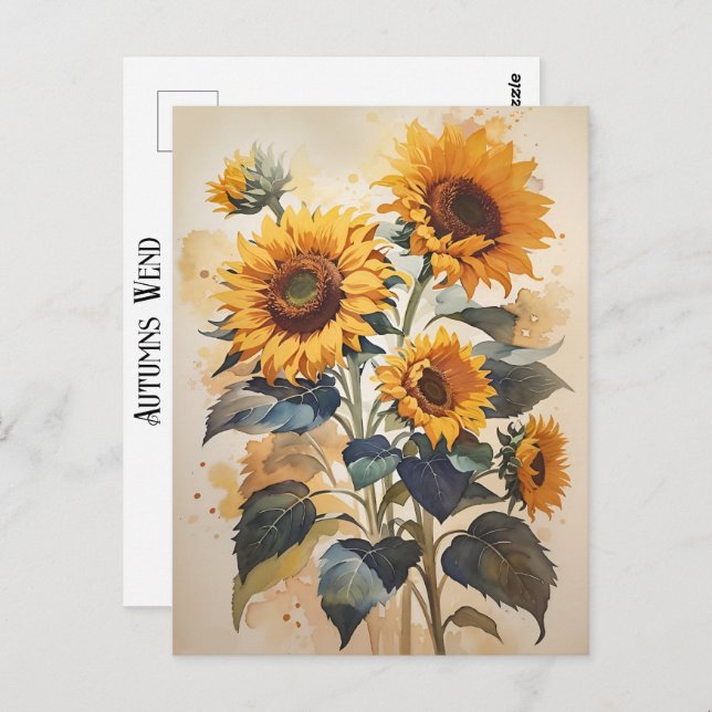 Sunflower Watercolor Autumns Wend Timeless Art Postcard (Front/Back)