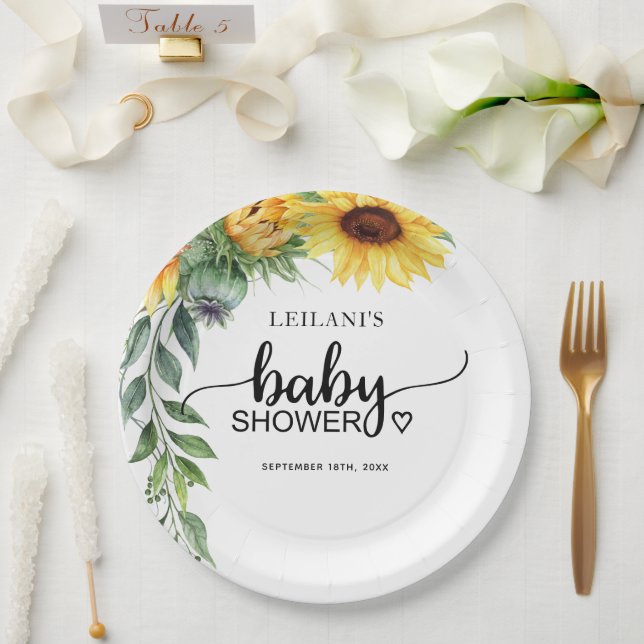 Sunflower Watercolor Baby Shower Paper Plate (Wedding)