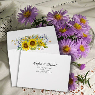Sunflower watercolor blue wildflower wedding  envelope