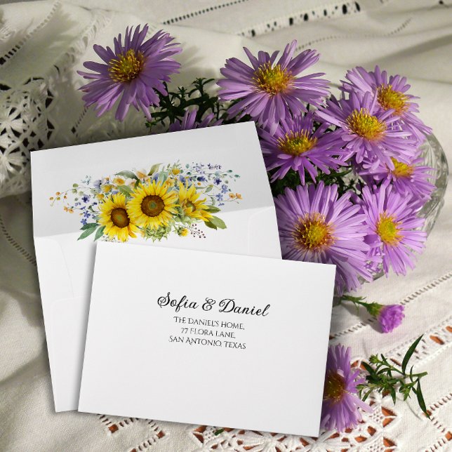 Sunflower watercolor blue wildflower wedding  envelope (Creator Uploaded)
