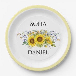 Sunflower watercolor blue wildflower wedding paper plate