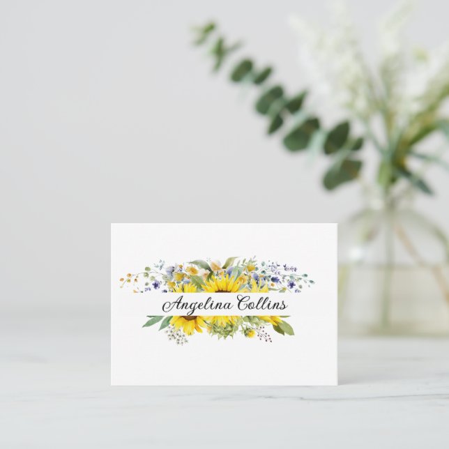 Sunflower watercolor blue wildflower wedding  place card (Standing Front)