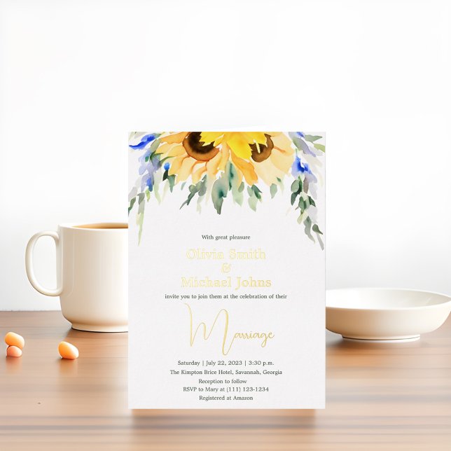 Sunflower Watercolor Boho Gold Wedding Invitation (Creator Uploaded)