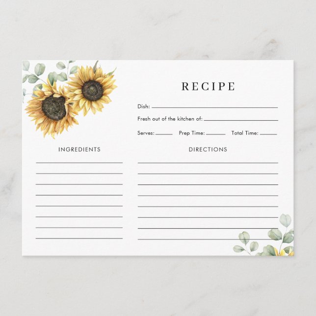 Sunflower Watercolor Bridal Shower Recipe Card (Front)
