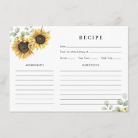 Sunflower Watercolor Bridal Shower Recipe Card