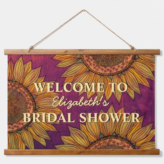   Sunflower Watercolor Burgundy Boho Bridal Shower Hanging Tapestry (Front)