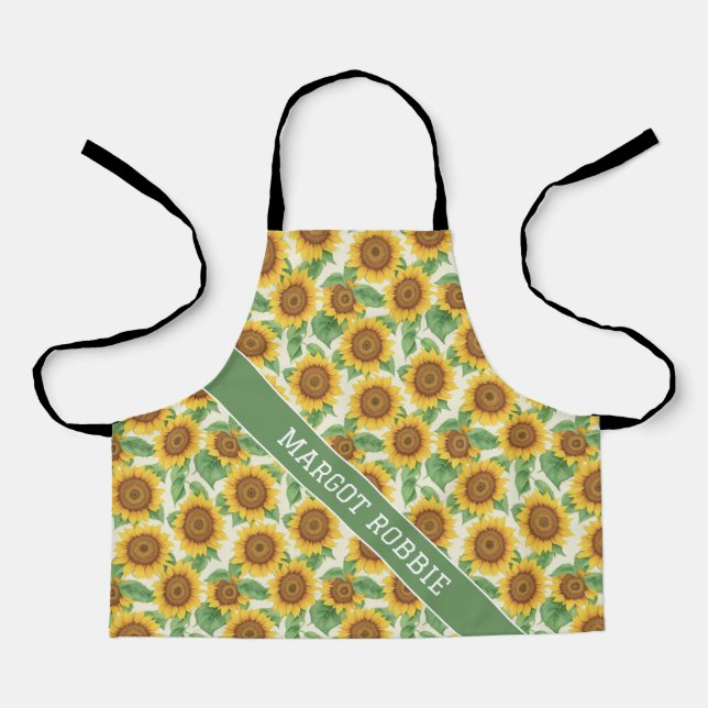 Sunflower Watercolor Colourful Personalised Patter Apron (Front)