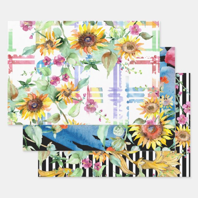 Sunflower Watercolor Designs Wrapping Paper Sheet (Set)