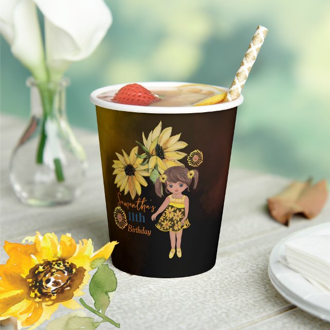 Sunflower Watercolor Fifth Girl Birthday Paper Cups (Sunflower Watercolor Fifth Girl Birthday Paper Cups)
