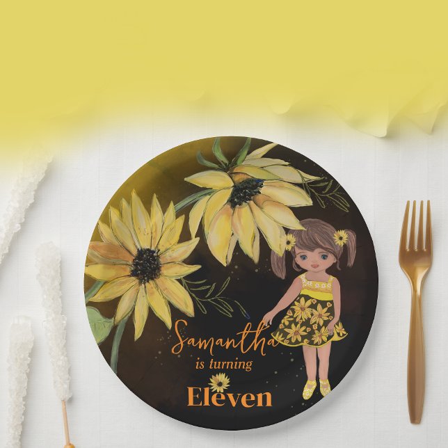  Sunflower Watercolor Fifth Girl Black Birthday Paper Plate (Sunflower Watercolor Fifth Girl Black Birthday Paper Plates)