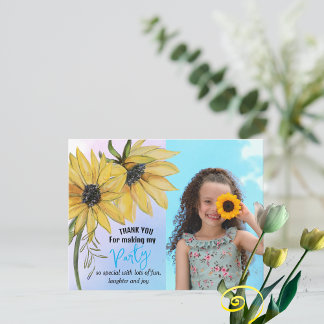 Sunflower Watercolor Fifth Girl Photo Birthday Thank You Card