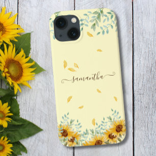 Sunflower Watercolor Floral Botanical Script Name  iPhone 13 Case