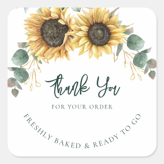 Sunflower Watercolor Floral Business Thank You Square Sticker (Front)