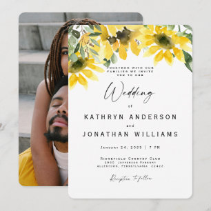 Sunflower Watercolor Floral Couple Photo Wedding Invitation