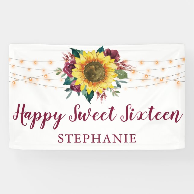 Sunflower Watercolor Floral Lights Sweet 16 Banner (Horizontal)
