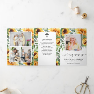 Sunflower Watercolor Floral Memorial Funeral Tri-Fold Programme