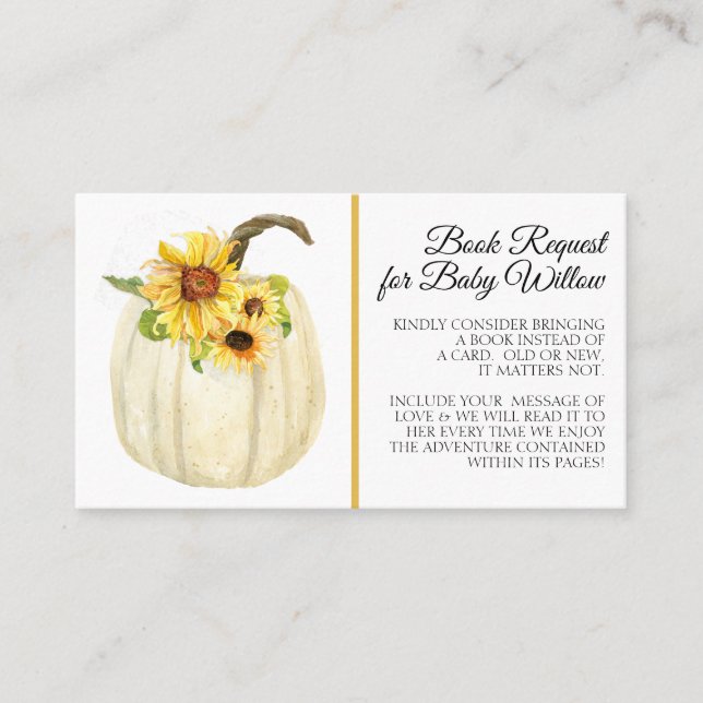 Sunflower Watercolor Floral Pumpkin Book Request Business Card (Front)