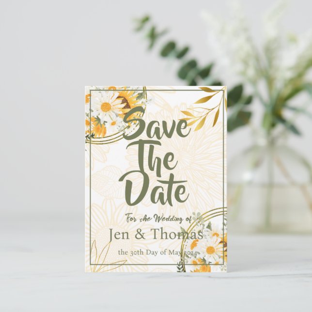 Sunflower Watercolor Floral Save the Date Postcard (Standing Front)