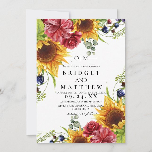  Sunflower Watercolor Floral Wedding Invitation (Front)