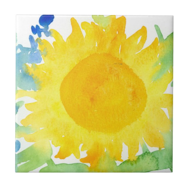 Sunflower Watercolor Flower Royal Blue Snapdragon Tile (Front)