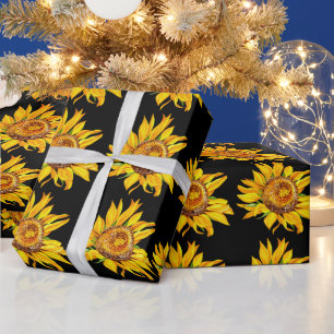 Sunflower Watercolor Flowers Black Wrapping Paper