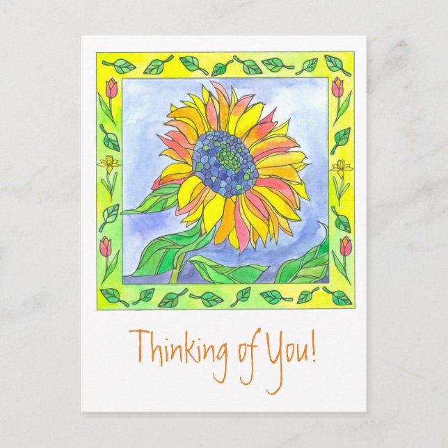Sunflower Watercolor Flowers Thinking of You Postcard (Front)