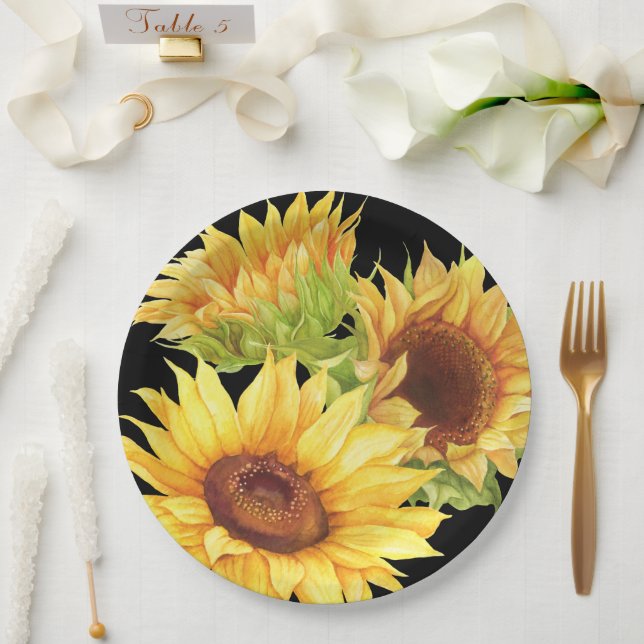 Sunflower Watercolor Flowers Yellow Black Paper Pl Plate (Wedding)