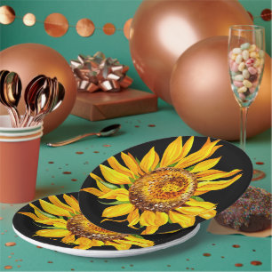 Sunflower Watercolor Flowers Yellow Black Paper Plate