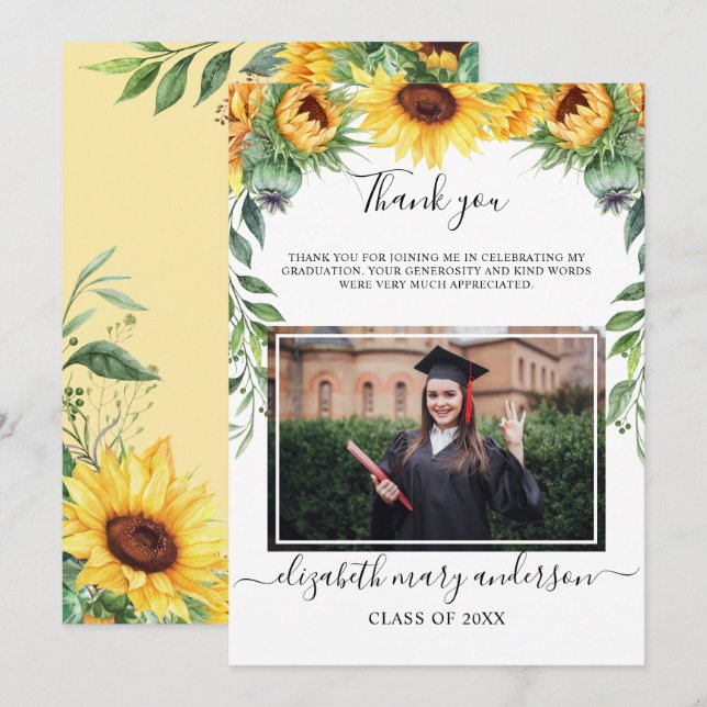 Sunflower Watercolor Graduation Thank You Card (Front/Back)