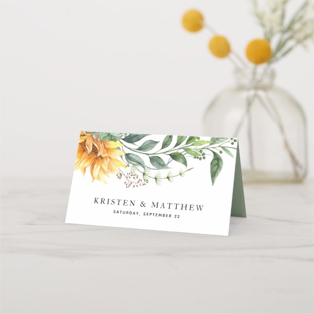 Sunflower Watercolor Modern Botanical Wedding Place Card (Back)