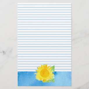 Sunflower Watercolor Painting Blue Lined Stationery