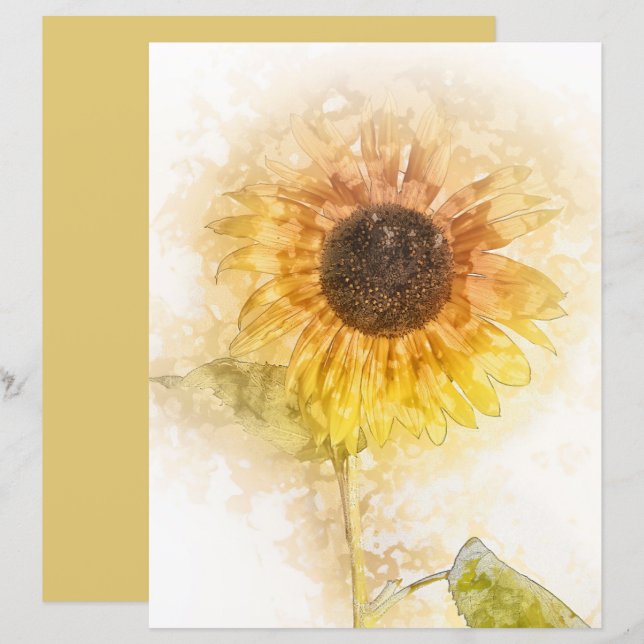 Sunflower Watercolor Scrapbook Craft Paper (Front/Back)
