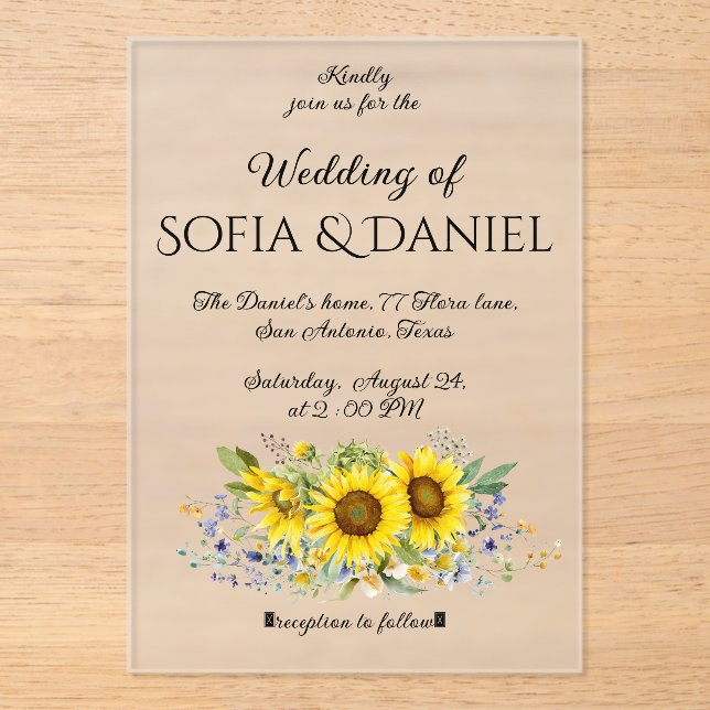 Sunflower watercolor wedding Acrylic Invitation (Front)