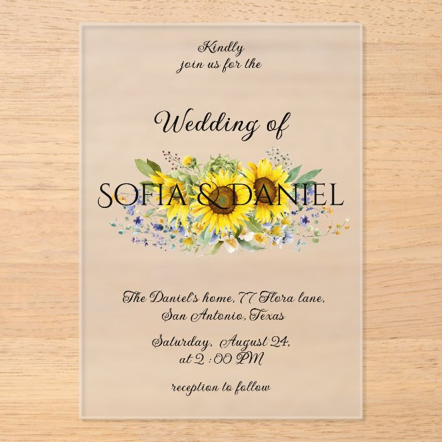 Sunflower watercolor wedding Acrylic Invitation (Front)