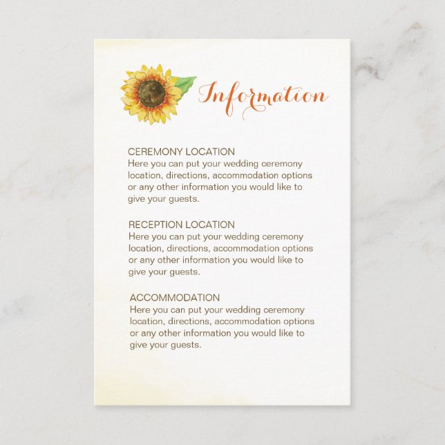 Sunflower Watercolor Wedding Information Cards (Front)