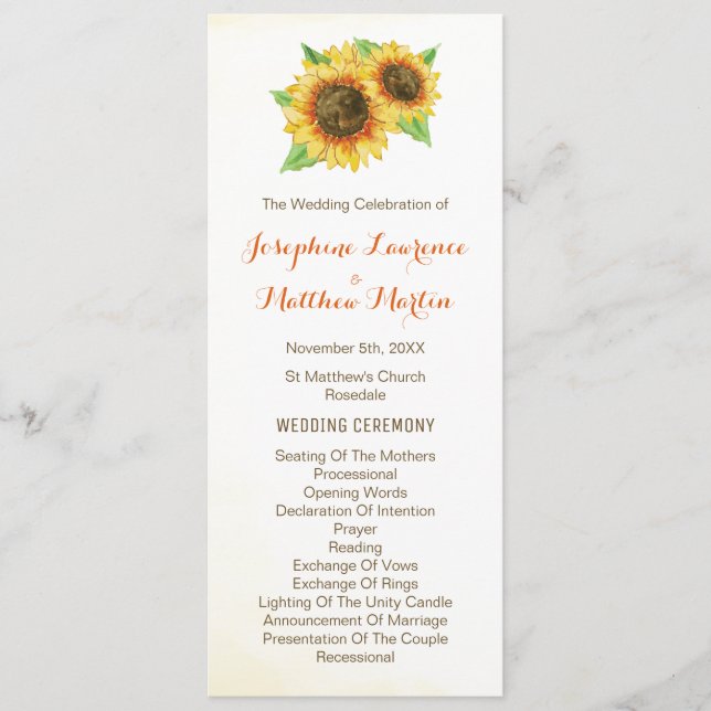 Sunflower Watercolor Wedding Programs Programme (Front)