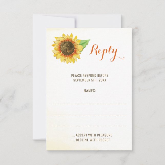 Sunflower Watercolor Wedding Reply Cards (Front)
