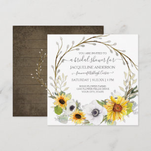 Sunflower Watercolor White Floral Bridal Shower Invitation