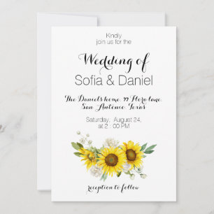 Sunflower watercolor white rose wedding Invitation