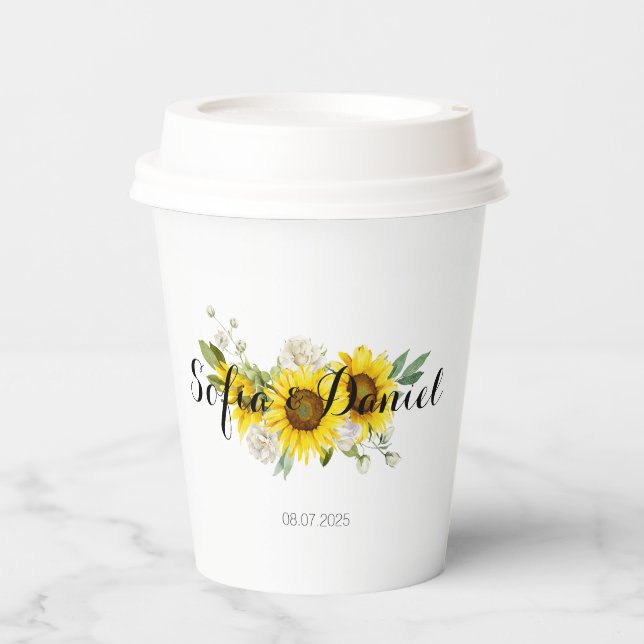 Sunflower watercolor white rose wedding  paper cups (Front)