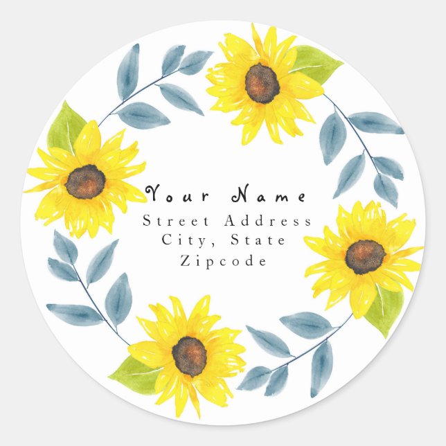 'Sunflower Watercolor Wreath' Address Label (Front)
